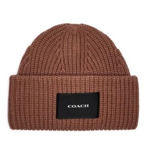 Coach Ribbed Wool-Blend Beanie with Logo Patch in Brown